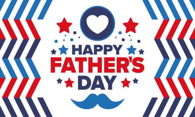 Babalar Günün kutlu olsun. Onurlu babalar. Haziranda güzel bir kutlama. En tatlı aile tatili. Parti etkinliği. Bıyık ve kalp. Mavi renk. Yaratıcı sanat posteri. Vektör tasarımı