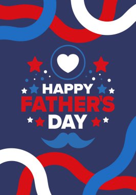 Babalar Günün kutlu olsun. Onurlu babalar. Haziranda güzel bir kutlama. En tatlı aile tatili. Parti etkinliği. Bıyık ve kalp. Mavi renk. Yaratıcı sanat posteri. Vektör tasarımı