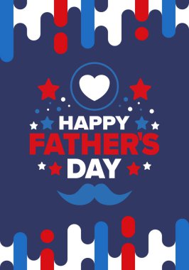 Babalar Günün kutlu olsun. Onurlu babalar. Haziranda güzel bir kutlama. En tatlı aile tatili. Parti etkinliği. Bıyık ve kalp. Mavi renk. Yaratıcı sanat posteri. Vektör tasarımı
