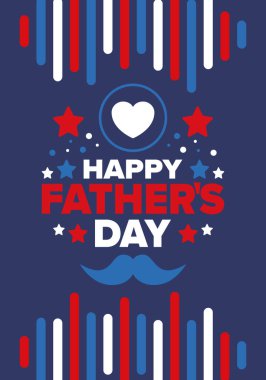 Babalar Günün kutlu olsun. Onurlu babalar. Haziranda güzel bir kutlama. En tatlı aile tatili. Parti etkinliği. Bıyık ve kalp. Mavi renk. Yaratıcı sanat posteri. Vektör tasarımı