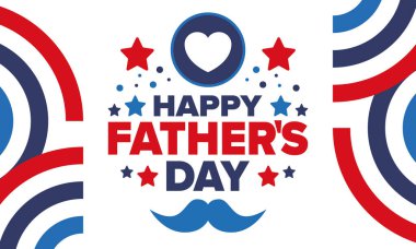 Babalar Günün kutlu olsun. Onurlu babalar. Haziranda güzel bir kutlama. En tatlı aile tatili. Parti etkinliği. Bıyık ve kalp. Mavi renk. Yaratıcı sanat posteri. Vektör tasarımı