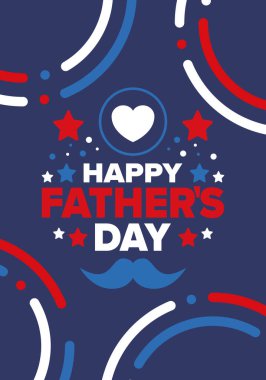 Babalar Günün kutlu olsun. Onurlu babalar. Haziranda güzel bir kutlama. En tatlı aile tatili. Parti etkinliği. Bıyık ve kalp. Mavi renk. Yaratıcı sanat posteri. Vektör tasarımı