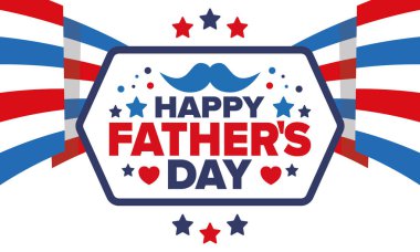 Babalar Günün kutlu olsun. Onurlu babalar. Haziranda güzel bir kutlama. En tatlı aile tatili. Parti etkinliği. Bıyık ve kalp. Mavi renk. Yaratıcı sanat posteri. Vektör tasarımı