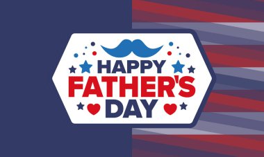 Babalar Günün kutlu olsun. Onurlu babalar. Haziranda güzel bir kutlama. En tatlı aile tatili. Parti etkinliği. Bıyık ve kalp. Mavi renk. Yaratıcı sanat posteri. Vektör tasarımı