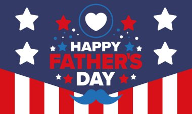 Babalar Günün kutlu olsun. Onurlu babalar. Haziranda güzel bir kutlama. En tatlı aile tatili. Parti etkinliği. Bıyık ve kalp. Mavi renk. Yaratıcı sanat posteri. Vektör tasarımı