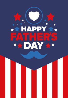 Babalar Günün kutlu olsun. Onurlu babalar. Haziranda güzel bir kutlama. En tatlı aile tatili. Parti etkinliği. Bıyık ve kalp. Mavi renk. Yaratıcı sanat posteri. Vektör tasarımı