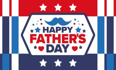 Babalar Günün kutlu olsun. Onurlu babalar. Haziranda güzel bir kutlama. En tatlı aile tatili. Parti etkinliği. Bıyık ve kalp. Mavi renk. Yaratıcı sanat posteri. Vektör tasarımı