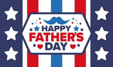 Babalar Günün kutlu olsun. Onurlu babalar. Haziranda güzel bir kutlama. En tatlı aile tatili. Parti etkinliği. Bıyık ve kalp. Mavi renk. Yaratıcı sanat posteri. Vektör tasarımı