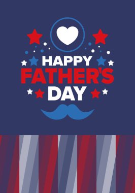 Babalar Günün kutlu olsun. Onurlu babalar. Haziranda güzel bir kutlama. En tatlı aile tatili. Parti etkinliği. Bıyık ve kalp. Mavi renk. Yaratıcı sanat posteri. Vektör tasarımı