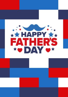 Babalar Günün kutlu olsun. Onurlu babalar. Haziranda güzel bir kutlama. En tatlı aile tatili. Parti etkinliği. Bıyık ve kalp. Mavi renk. Yaratıcı sanat posteri. Vektör tasarımı