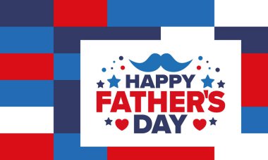 Babalar Günün kutlu olsun. Onurlu babalar. Haziranda güzel bir kutlama. En tatlı aile tatili. Parti etkinliği. Bıyık ve kalp. Mavi renk. Yaratıcı sanat posteri. Vektör tasarımı