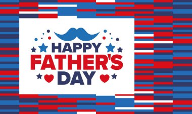 Babalar Günün kutlu olsun. Onurlu babalar. Haziranda güzel bir kutlama. En tatlı aile tatili. Parti etkinliği. Bıyık ve kalp. Mavi renk. Yaratıcı sanat posteri. Vektör tasarımı