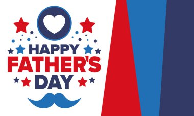 Babalar Günün kutlu olsun. Onurlu babalar. Haziranda güzel bir kutlama. En tatlı aile tatili. Parti etkinliği. Bıyık ve kalp. Mavi renk. Yaratıcı sanat posteri. Vektör tasarımı