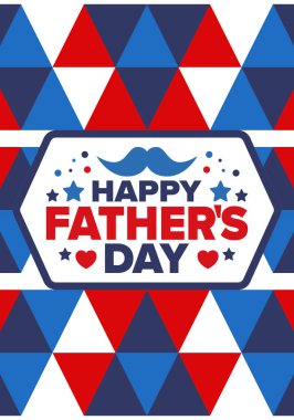 Babalar Günün kutlu olsun. Onurlu babalar. Haziranda güzel bir kutlama. En tatlı aile tatili. Parti etkinliği. Bıyık ve kalp. Mavi renk. Yaratıcı sanat posteri. Vektör tasarımı