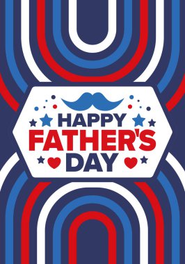 Babalar Günün kutlu olsun. Onurlu babalar. Haziranda güzel bir kutlama. En tatlı aile tatili. Parti etkinliği. Bıyık ve kalp. Mavi renk. Yaratıcı sanat posteri. Vektör tasarımı