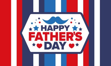 Babalar Günün kutlu olsun. Onurlu babalar. Haziranda güzel bir kutlama. En tatlı aile tatili. Parti etkinliği. Bıyık ve kalp. Mavi renk. Yaratıcı sanat posteri. Vektör tasarımı