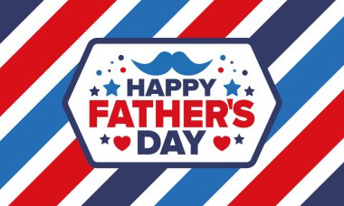 Babalar Günün kutlu olsun. Onurlu babalar. Haziranda güzel bir kutlama. En tatlı aile tatili. Parti etkinliği. Bıyık ve kalp. Mavi renk. Yaratıcı sanat posteri. Vektör tasarımı