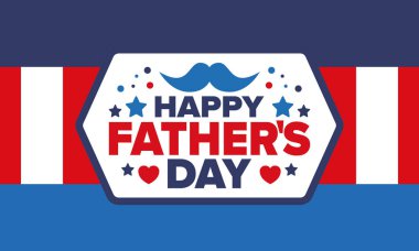 Babalar Günün kutlu olsun. Onurlu babalar. Haziranda güzel bir kutlama. En tatlı aile tatili. Parti etkinliği. Bıyık ve kalp. Mavi renk. Yaratıcı sanat posteri. Vektör tasarımı