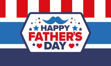 Babalar Günün kutlu olsun. Onurlu babalar. Haziranda güzel bir kutlama. En tatlı aile tatili. Parti etkinliği. Bıyık ve kalp. Mavi renk. Yaratıcı sanat posteri. Vektör tasarımı