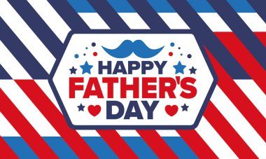 Babalar Günün kutlu olsun. Onurlu babalar. Haziranda güzel bir kutlama. En tatlı aile tatili. Parti etkinliği. Bıyık ve kalp. Mavi renk. Yaratıcı sanat posteri. Vektör tasarımı