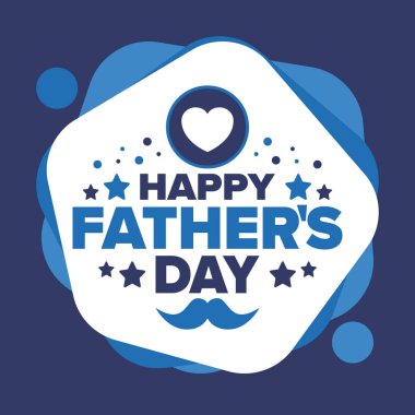 Babalar Günün kutlu olsun. Onurlu babalar. Haziranda güzel bir kutlama. En tatlı aile tatili. Parti etkinliği. Bıyık ve kalp. Mavi renk. Yaratıcı sanat posteri. Vektör tasarımı