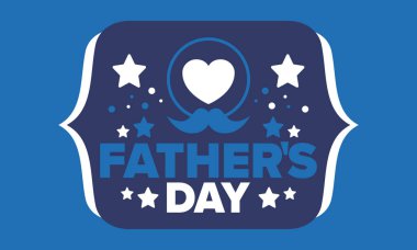 Babalar Günün kutlu olsun. Onurlu babalar. Haziranda güzel bir kutlama. En tatlı aile tatili. Parti etkinliği. Bıyık ve kalp. Mavi renk. Yaratıcı sanat posteri. Vektör tasarımı