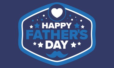 Babalar Günün kutlu olsun. Onurlu babalar. Haziranda güzel bir kutlama. En tatlı aile tatili. Parti etkinliği. Bıyık ve kalp. Mavi renk. Yaratıcı sanat posteri. Vektör tasarımı