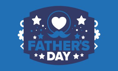 Babalar Günün kutlu olsun. Onurlu babalar. Haziranda güzel bir kutlama. En tatlı aile tatili. Parti etkinliği. Bıyık ve kalp. Mavi renk. Yaratıcı sanat posteri. Vektör tasarımı