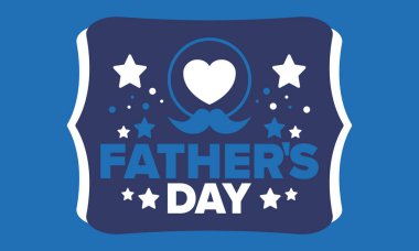 Babalar Günün kutlu olsun. Onurlu babalar. Haziranda güzel bir kutlama. En tatlı aile tatili. Parti etkinliği. Bıyık ve kalp. Mavi renk. Yaratıcı sanat posteri. Vektör tasarımı