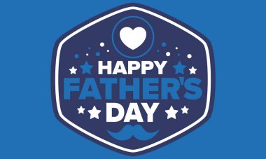 Babalar Günün kutlu olsun. Onurlu babalar. Haziranda güzel bir kutlama. En tatlı aile tatili. Parti etkinliği. Bıyık ve kalp. Mavi renk. Yaratıcı sanat posteri. Vektör tasarımı