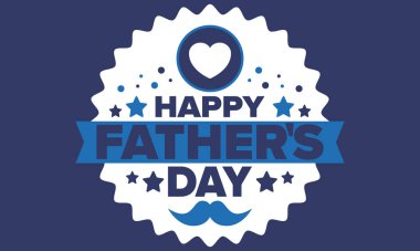 Babalar Günün kutlu olsun. Onurlu babalar. Haziranda güzel bir kutlama. En tatlı aile tatili. Parti etkinliği. Bıyık ve kalp. Mavi renk. Yaratıcı sanat posteri. Vektör tasarımı