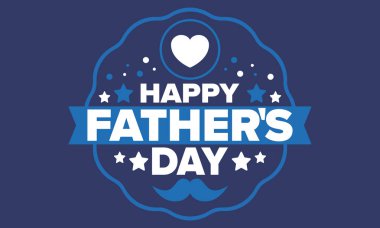 Babalar Günün kutlu olsun. Onurlu babalar. Haziranda güzel bir kutlama. En tatlı aile tatili. Parti etkinliği. Bıyık ve kalp. Mavi renk. Yaratıcı sanat posteri. Vektör tasarımı