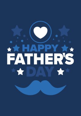 Babalar Günün kutlu olsun. Onurlu babalar. Haziranda güzel bir kutlama. En tatlı aile tatili. Parti etkinliği. Bıyık ve kalp. Mavi renk. Yaratıcı sanat posteri. Vektör tasarımı