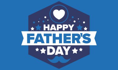 Babalar Günün kutlu olsun. Onurlu babalar. Haziranda güzel bir kutlama. En tatlı aile tatili. Parti etkinliği. Bıyık ve kalp. Mavi renk. Yaratıcı sanat posteri. Vektör tasarımı