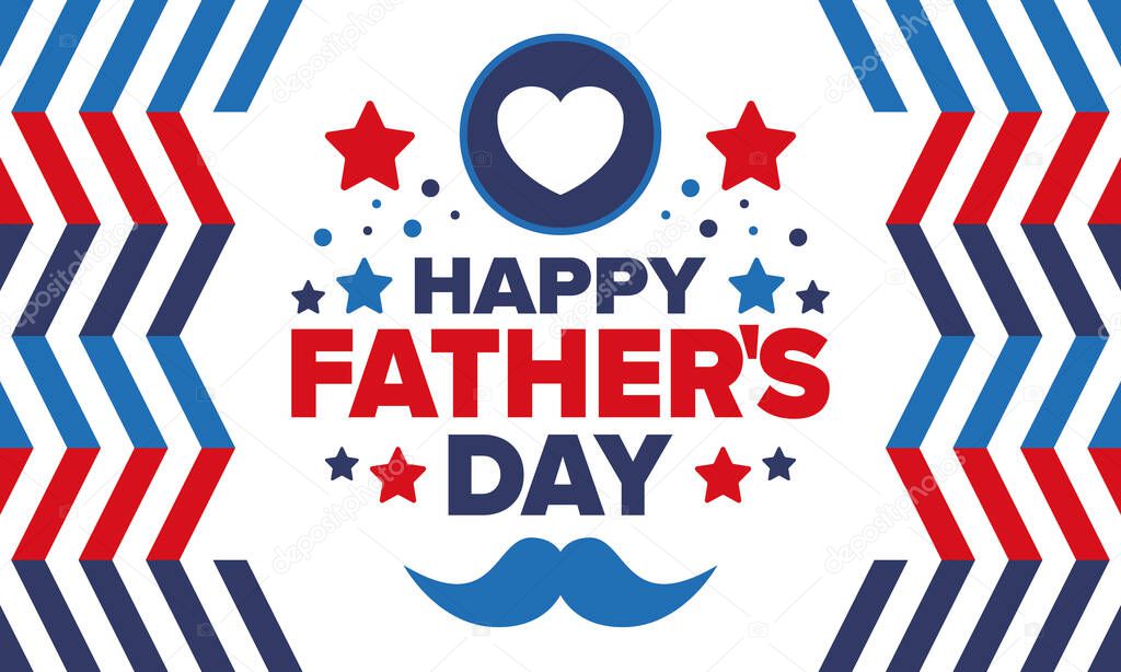 Happy Fathers Day. Honoring dads. Lovely celebration in June. Sweetest family holiday. Party event. Mustache and heart. Blue color. Creative art poster. Vector design