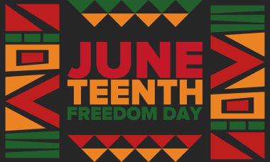 Haziran Bağımsızlık Günü 'nde. Özgürlük ya da Özgürlük Günü. Yıllık Amerikan bayramı, 19 Haziran 'da kutlandı. Afro-Amerikan tarihi ve mirası. Poster, tebrik kartı, afiş ve geçmiş. Vektör