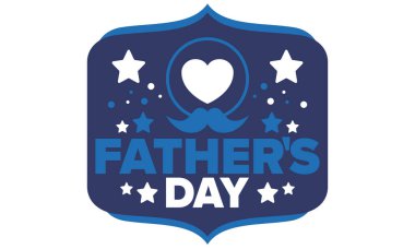 Babalar Günün kutlu olsun. Onurlu babalar. Haziranda güzel bir kutlama. En tatlı aile tatili. Parti etkinliği. Bıyık ve kalp. Mavi renk. Yaratıcı sanat posteri. Vektör tasarımı