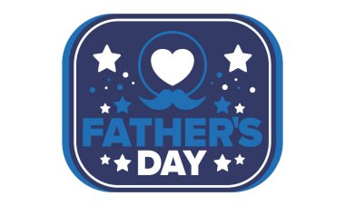 Babalar Günün kutlu olsun. Onurlu babalar. Haziranda güzel bir kutlama. En tatlı aile tatili. Parti etkinliği. Bıyık ve kalp. Mavi renk. Yaratıcı sanat posteri. Vektör tasarımı