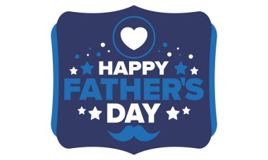 Babalar Günün kutlu olsun. Onurlu babalar. Haziranda güzel bir kutlama. En tatlı aile tatili. Parti etkinliği. Bıyık ve kalp. Mavi renk. Yaratıcı sanat posteri. Vektör tasarımı