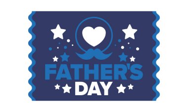 Babalar Günün kutlu olsun. Onurlu babalar. Haziranda güzel bir kutlama. En tatlı aile tatili. Parti etkinliği. Bıyık ve kalp. Mavi renk. Yaratıcı sanat posteri. Vektör tasarımı