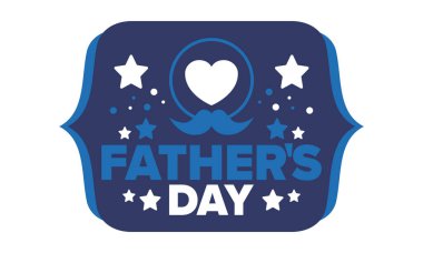 Babalar Günün kutlu olsun. Onurlu babalar. Haziranda güzel bir kutlama. En tatlı aile tatili. Parti etkinliği. Bıyık ve kalp. Mavi renk. Yaratıcı sanat posteri. Vektör tasarımı