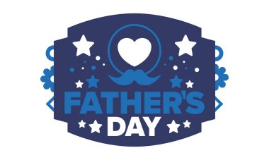 Babalar Günün kutlu olsun. Onurlu babalar. Haziranda güzel bir kutlama. En tatlı aile tatili. Parti etkinliği. Bıyık ve kalp. Mavi renk. Yaratıcı sanat posteri. Vektör tasarımı