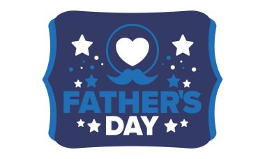 Babalar Günün kutlu olsun. Onurlu babalar. Haziranda güzel bir kutlama. En tatlı aile tatili. Parti etkinliği. Bıyık ve kalp. Mavi renk. Yaratıcı sanat posteri. Vektör tasarımı