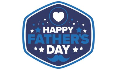 Babalar Günün kutlu olsun. Onurlu babalar. Haziranda güzel bir kutlama. En tatlı aile tatili. Parti etkinliği. Bıyık ve kalp. Mavi renk. Yaratıcı sanat posteri. Vektör tasarımı