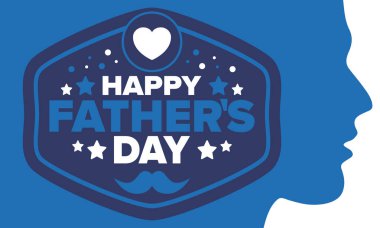 Babalar Günün kutlu olsun. Onurlu babalar. Haziranda güzel bir kutlama. En tatlı aile tatili. Parti etkinliği. Bıyık ve kalp. Mavi renk. Yaratıcı sanat posteri. Vektör tasarımı