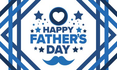 Babalar Günün kutlu olsun. Onurlu babalar. Haziranda güzel bir kutlama. En tatlı aile tatili. Parti etkinliği. Bıyık ve kalp. Mavi renk. Yaratıcı sanat posteri. Vektör tasarımı