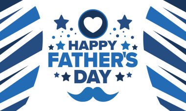 Babalar Günün kutlu olsun. Onurlu babalar. Haziranda güzel bir kutlama. En tatlı aile tatili. Parti etkinliği. Bıyık ve kalp. Mavi renk. Yaratıcı sanat posteri. Vektör tasarımı