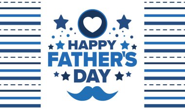 Babalar Günün kutlu olsun. Onurlu babalar. Haziranda güzel bir kutlama. En tatlı aile tatili. Parti etkinliği. Bıyık ve kalp. Mavi renk. Yaratıcı sanat posteri. Vektör tasarımı