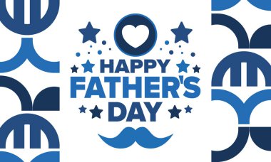 Babalar Günün kutlu olsun. Onurlu babalar. Haziranda güzel bir kutlama. En tatlı aile tatili. Parti etkinliği. Bıyık ve kalp. Mavi renk. Yaratıcı sanat posteri. Vektör tasarımı