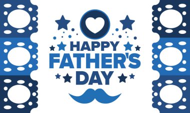 Babalar Günün kutlu olsun. Onurlu babalar. Haziranda güzel bir kutlama. En tatlı aile tatili. Parti etkinliği. Bıyık ve kalp. Mavi renk. Yaratıcı sanat posteri. Vektör tasarımı